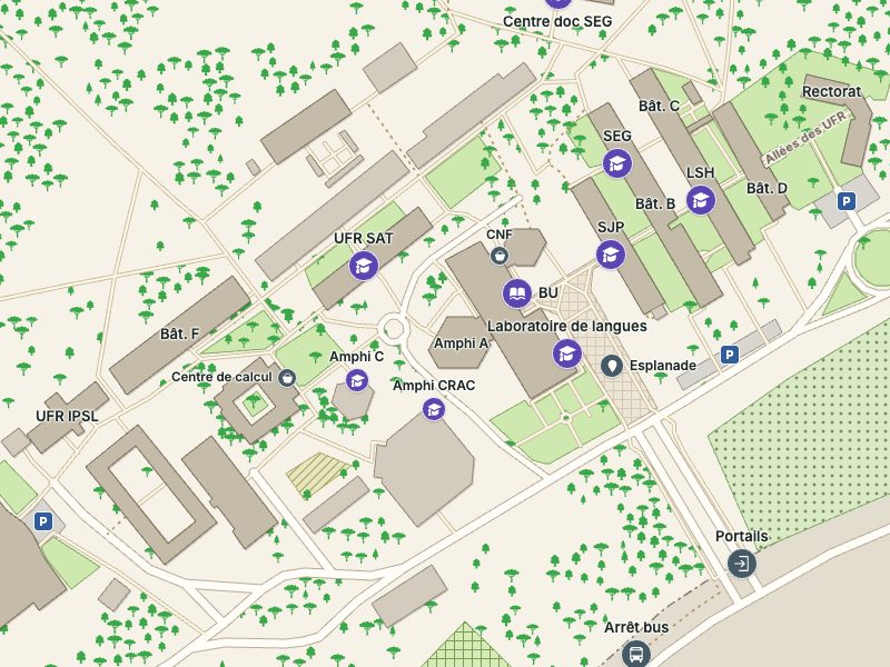 Le même secteur redessiné en plan : bâtiments, allées et noms des lieux