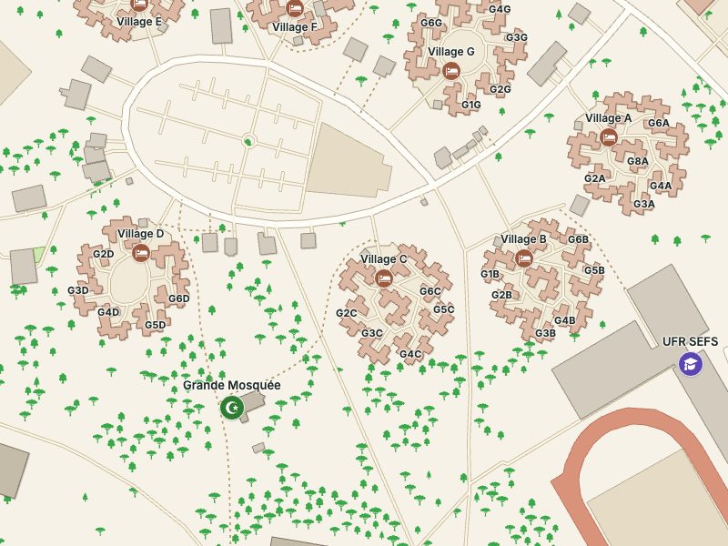 Le même village en plan, avec ses blocs de logement et ses allées